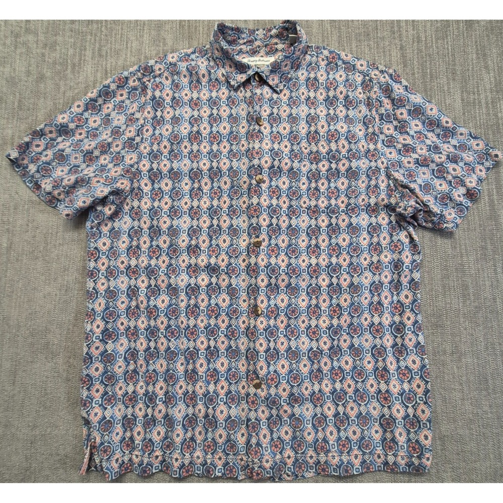 Tommy Bahama Mens LG 100% Silk Blue coral Geometric Print Short Sleeve Button up